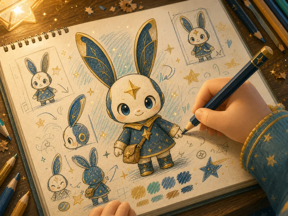 孩子在画本上画下角色并尝试动作与配色