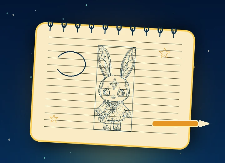 星光中的奶油色画本，孩子用铅笔画出故事兔子草图